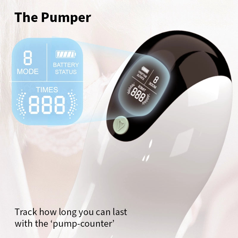 An image of the Alpha Lover product called The Pumper. This image shows the main benefit/function, which is the ability to track how long you can last with the pump counter.