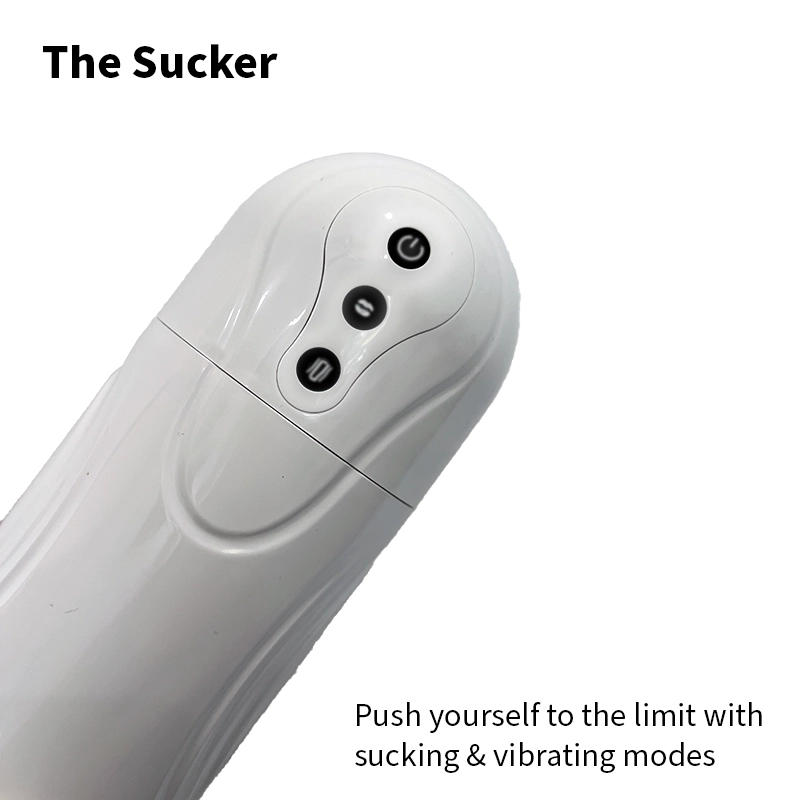 An image of the Alpha Lover product called The Sucker. This image shows the main benefit/function, which is the ability to push yourself to the limit with sucking and vibrating modes.