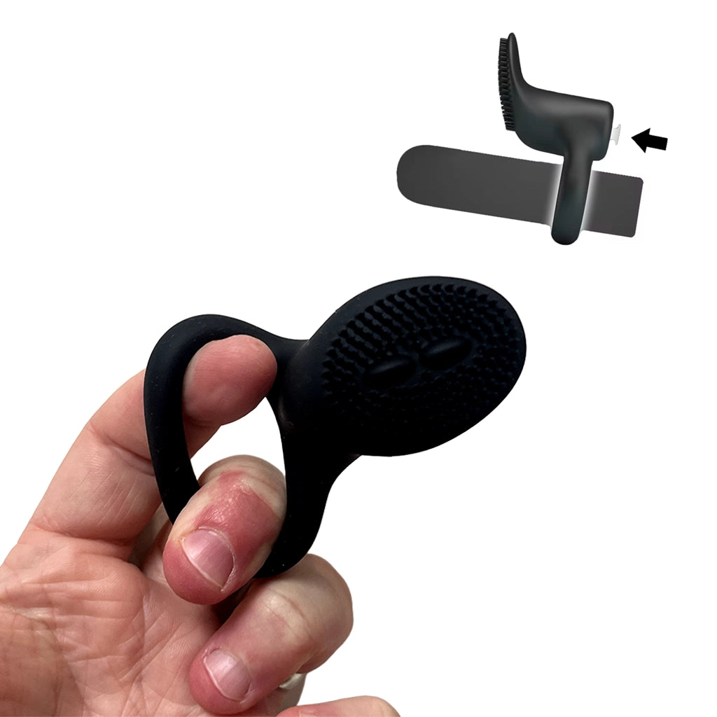 Image showing how The Tickler cock ring product works and highlighting the ribbed end and button to activate vibrations.