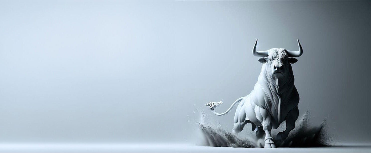 White marble bull sculpture on a light gray background