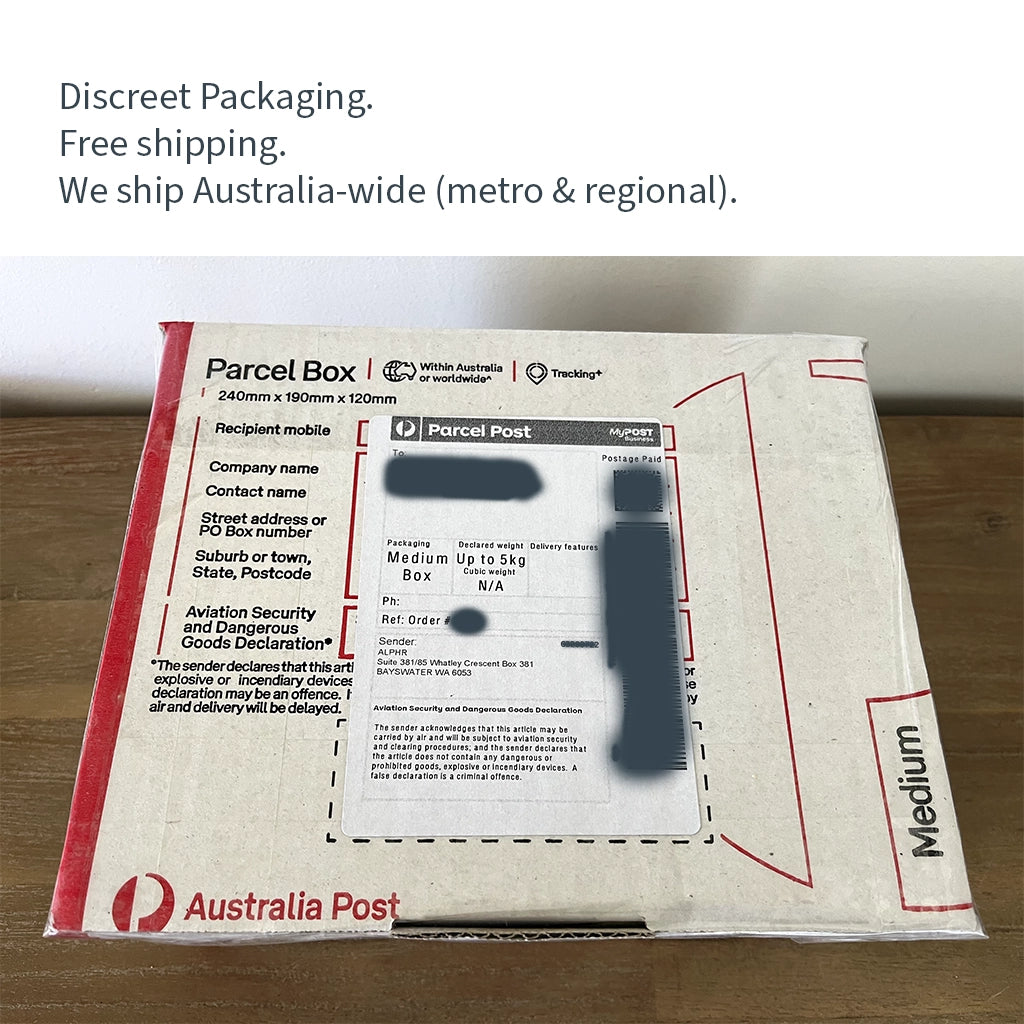 Example of the plain, discreet Australia Post parcel used for shipping all Alpha Lover orders