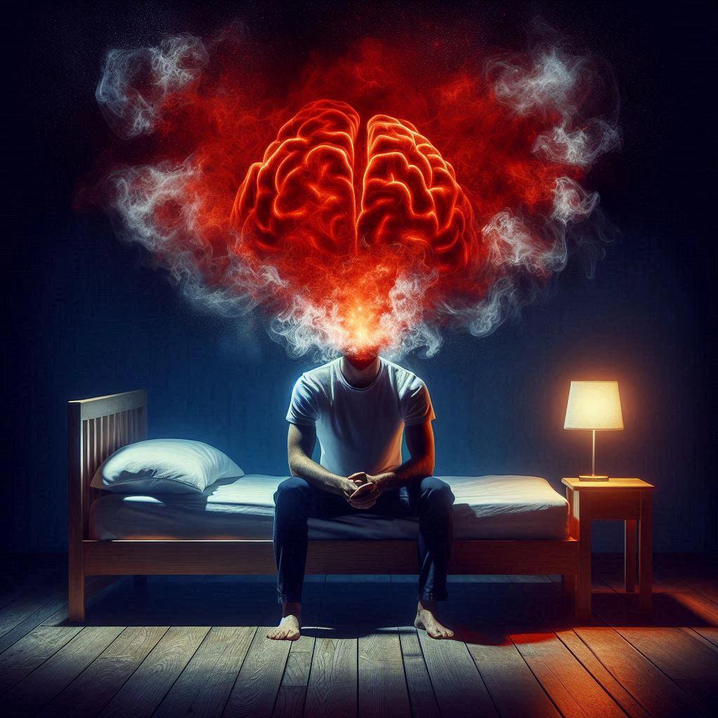 An image showing a man sitting on his bed showing how stress and overthinking is causing sexual health issues. But it is all just in the mind and can be overcome.