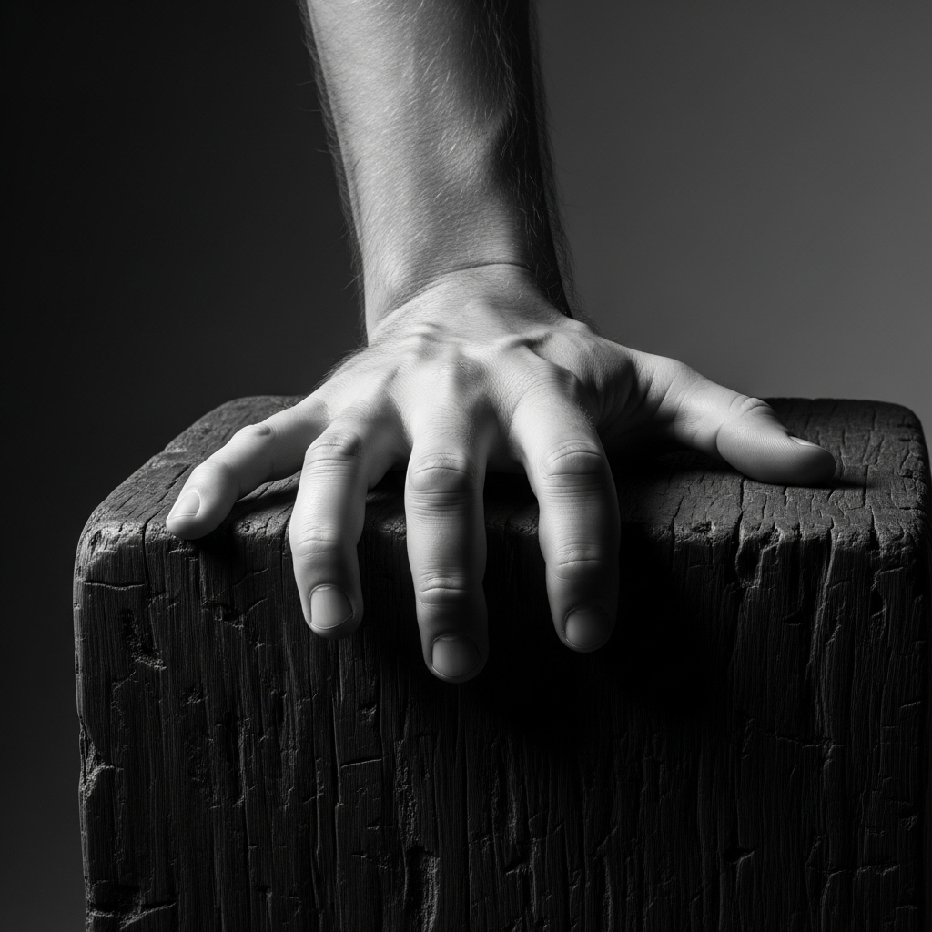 Black and white photo of a hand on a wooden block against a dark background