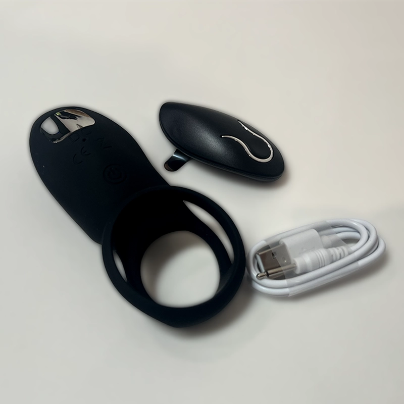 A close-up of The Leg-shaker cock ring. Comes with the large vibrating cock ring, remote control and charger.