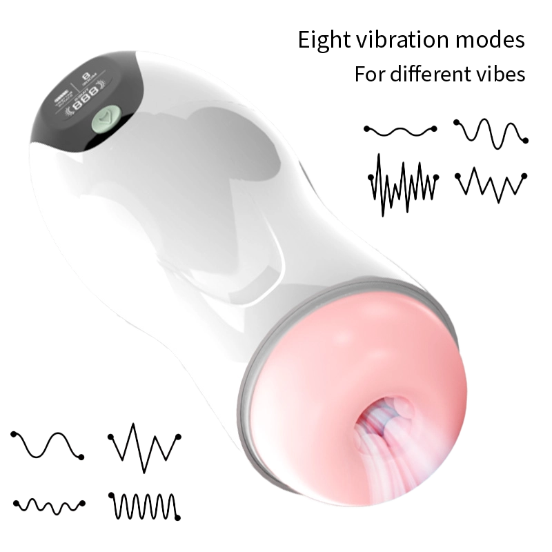 An image of the Alpha Lover product called The Pumper. This image shows that the product comes with 8 different vibration modes to change sensations.