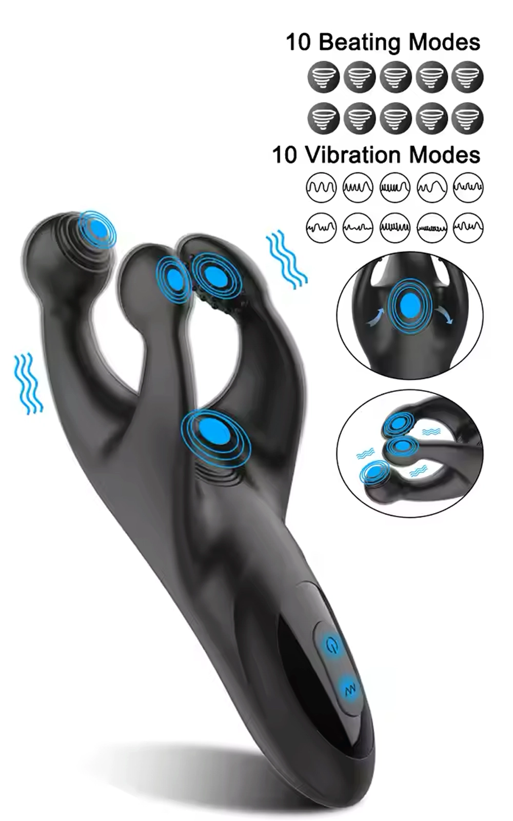 This image is of the Alpha Lover product called The Stroker. This image shows how the penis trainer has different vibe modes.