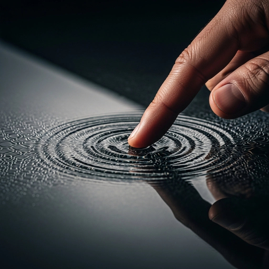 Conceptual image of a finger creating ripples, symbolizing enhanced sensation with Alpha Lover's performance tools.