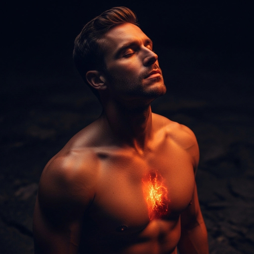 A man with a glowing chest, representing the inner fire and ignited libido achieved with Alpha Lover's arousal solutions.