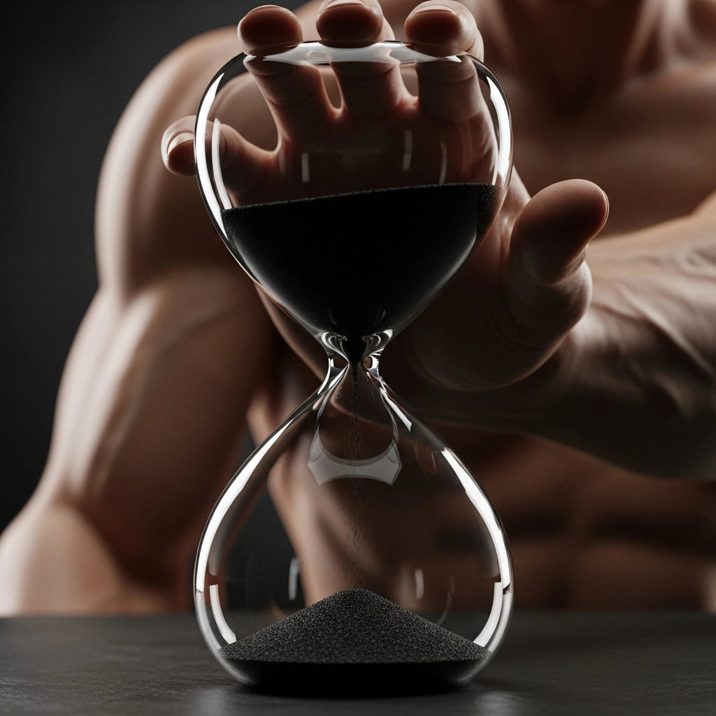 Hourglass held by a muscular man, representing the goal of lasting longer through PE training with Alpha Lover's solutions.
