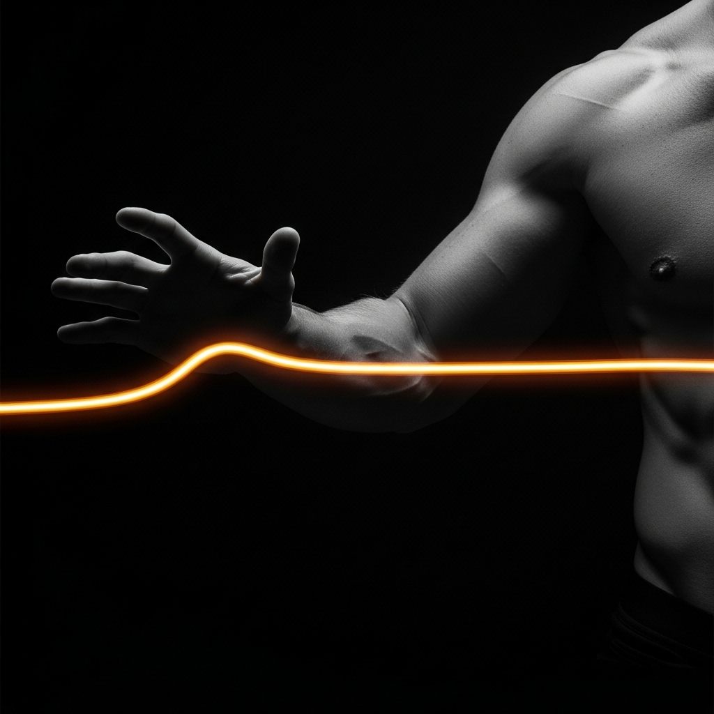 Representing fertility and the ability to get hard and stay hard. Image of a man with glowing orange line stretching between his hands on a black background.