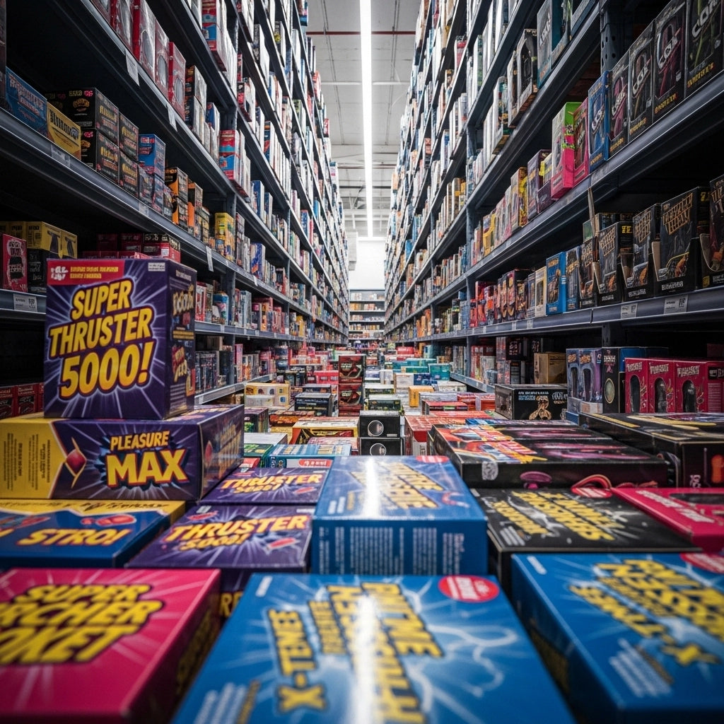 An overwhelming aisle of low-quality, novelty-first sex toys, illustrating the problem with the modern adult market that led to the creation of Alpha Lover.