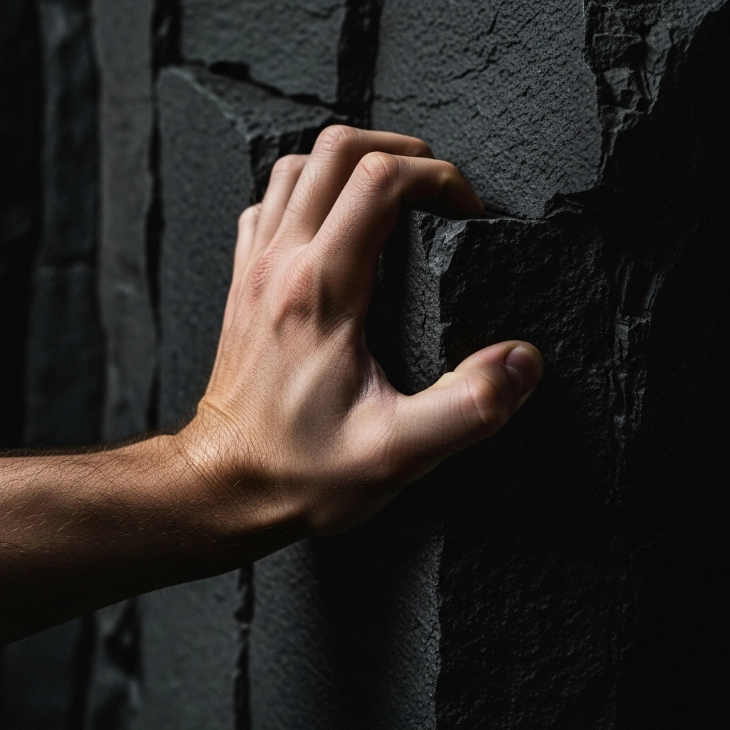 A hand gripping a solid rock surface, symbolizing the goal of achieving stronger erections with ED solutions from Alpha Lover.