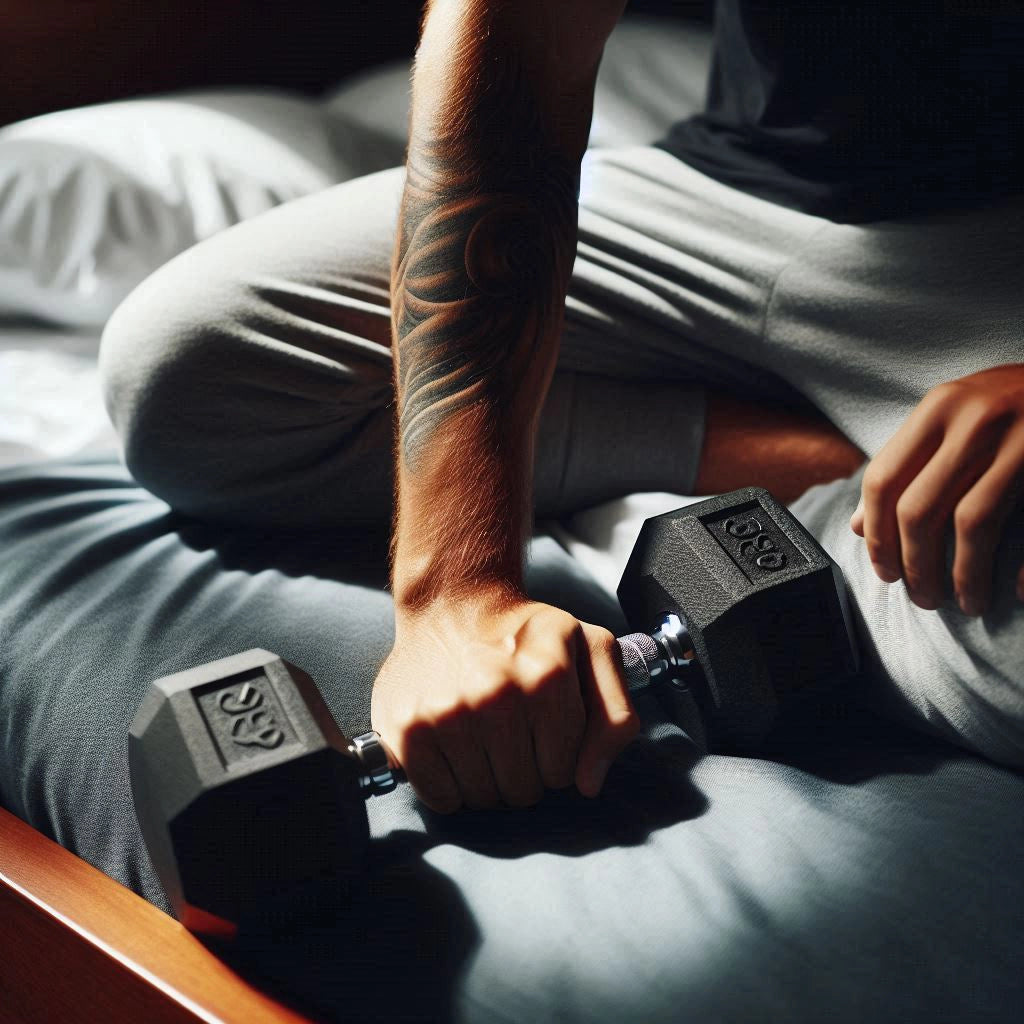 Man holding a dumbbell, representing the Alpha Method - a training-based approach to building sexual stamina, control, and confidence.