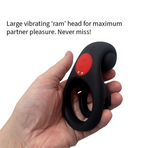 The Colossus vibrating ring held in hand, showing its large 'ram' head designed for maximum partner pleasure - Alpha Lover