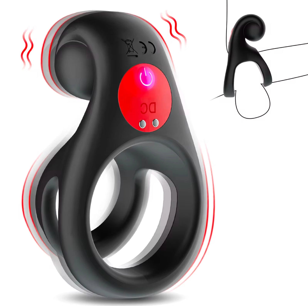 Diagram of The Colossus vibrating ring showing its powerful vibrations and secure fit for clitoral stimulation - Alpha Lover