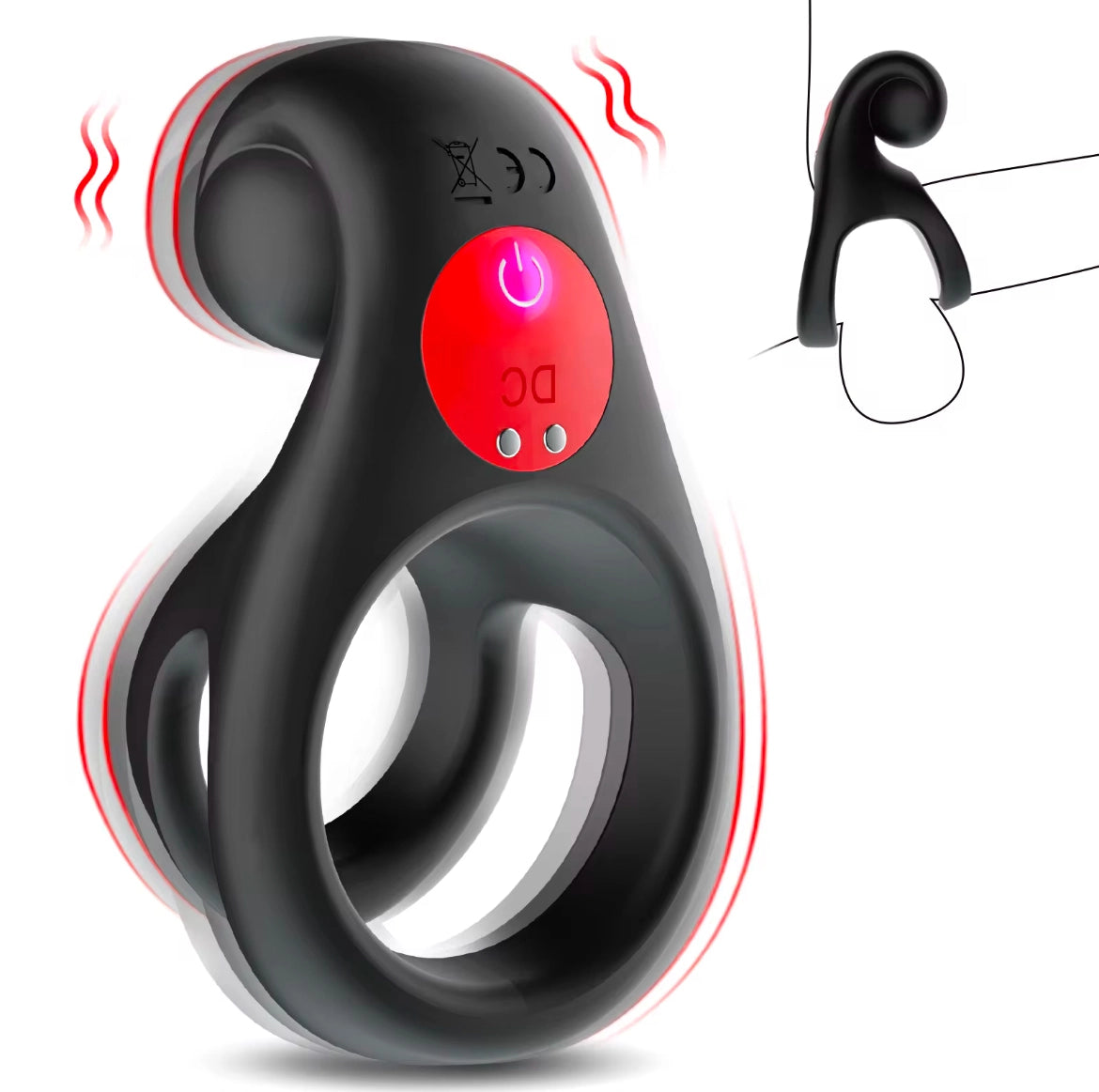 Diagram of The Colossus vibrating ring showing its powerful vibrations and secure fit for clitoral stimulation - Alpha Lover