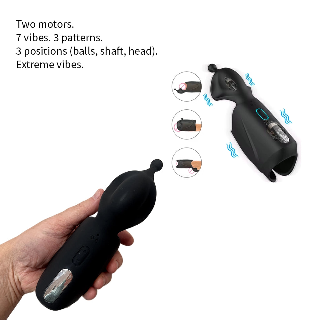 Diagram of The Edger's two motors, seven vibration patterns, and three positions for targeted stimulation - Alpha Lover