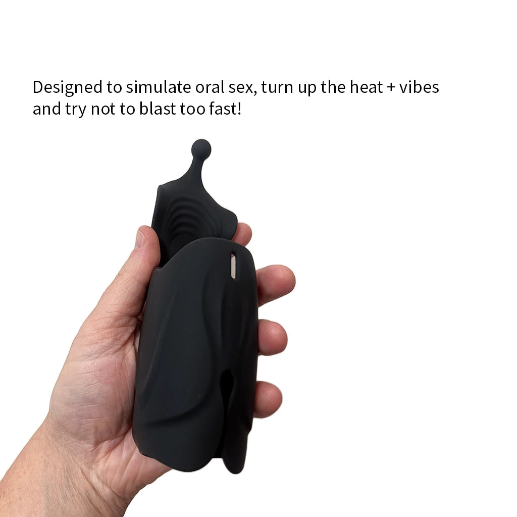 The Edger automatic stroker held in hand, designed with heat and vibration to simulate oral sex for stamina control - Alpha Lover