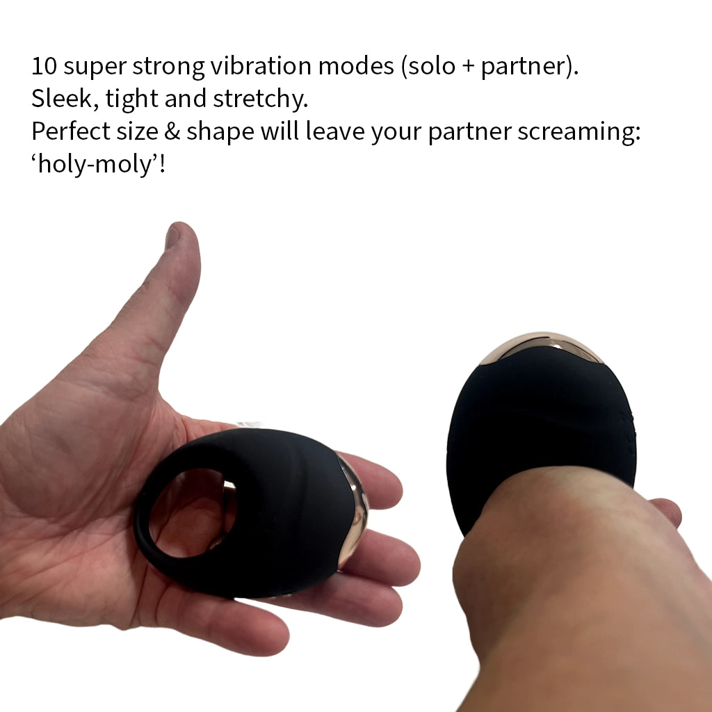 Features of The Holy-Moly ring including its 10 vibration modes and flexible, stretchy silicone body for a perfect fit - Alpha Lover