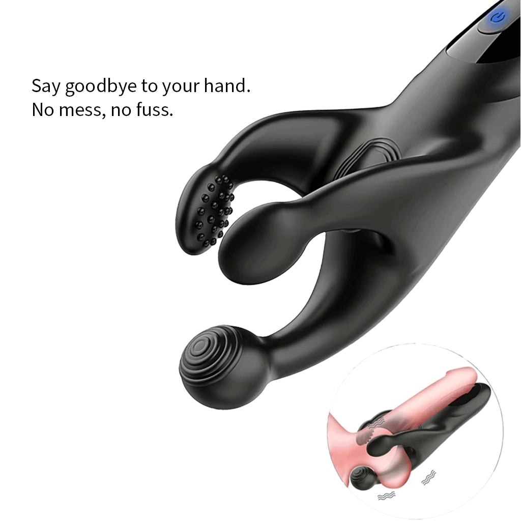 The Nexus automatic stroker with diagram showing hands-free use concept - Alpha Lover