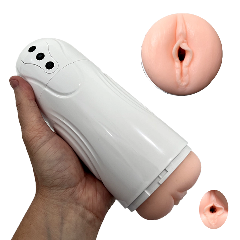 The Vortex automatic stroker held in hand to demonstrate its ergonomic size and realistic orifice - Alpha Lover
