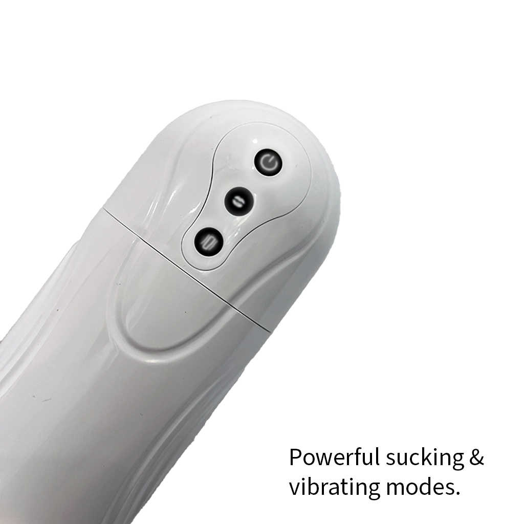 Close-up of The Vortex stroker's powerful sucking and vibrating mode controls - Alpha Lover